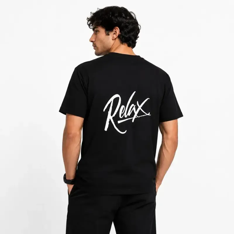 تیشرت یقه گرد مشکی طرح RELAX Signature جین وست نخ پنبه چهار فصل روزمره کژوال استریتویر - تصویر 2