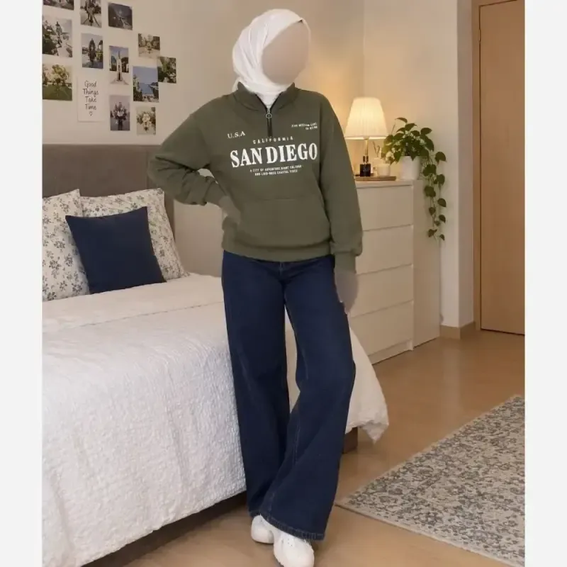 دورس نیم زیپ اسپرت زنانه پسرانه SANDIEGO جنس دورس سه نخ گرم بالا درجه یک رنگ مشکی سبز زیتونی فری سایز - تصویر 3