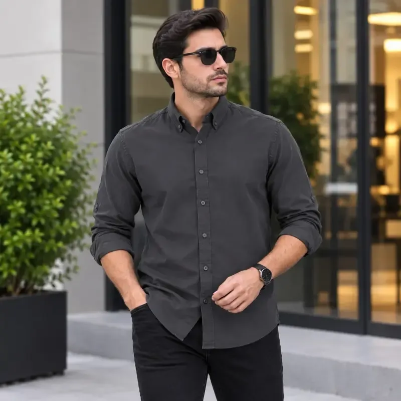 پیراهن جین کاغذی مردانه آستین بلند اسپرت رنگ آبی - تصویر 4