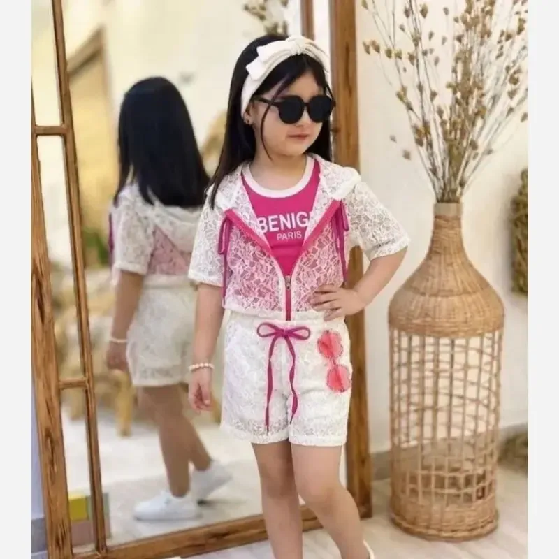 ست سه تکه دخترانه تاپ رویه تور و شلوارک مناسب 2 تا 9 سال - تصویر 2