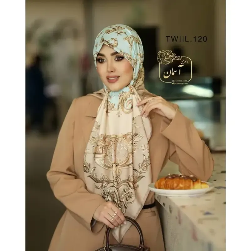 روسری ساتن ابریشم طرح رزیتا قواره 140 دور دوخت مجلسی - تصویر 5