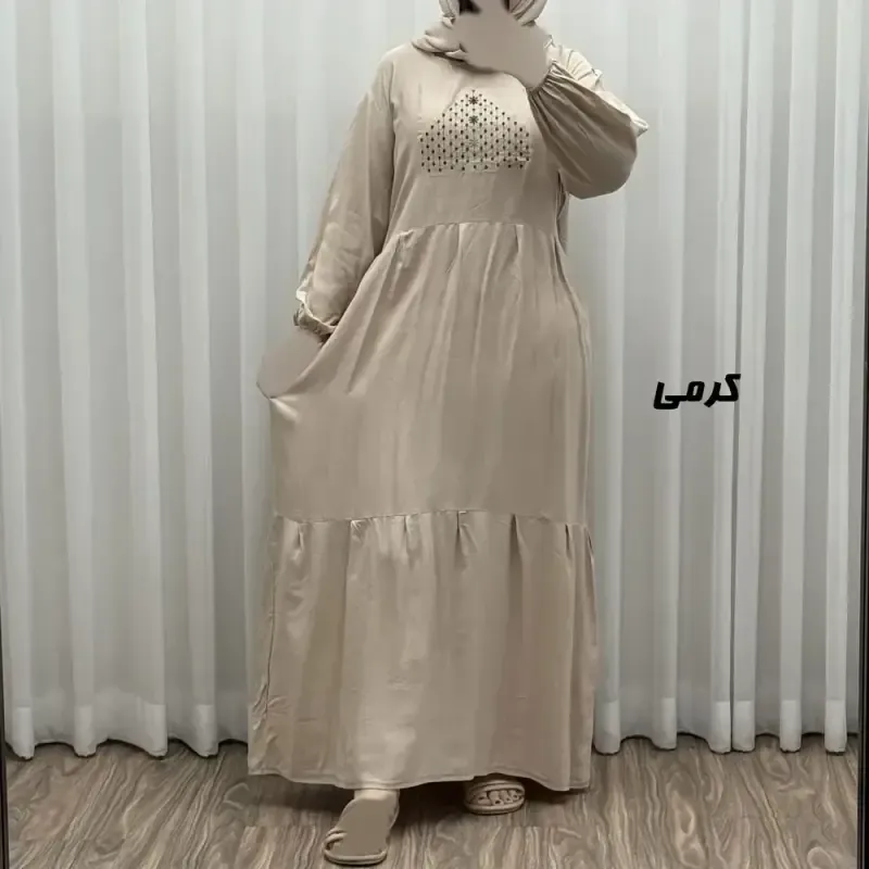 پیراهن ساحلی نخی گلدوزی شده زنانه و دخترانه فری سایز تا 46 با کمربند - تصویر 5