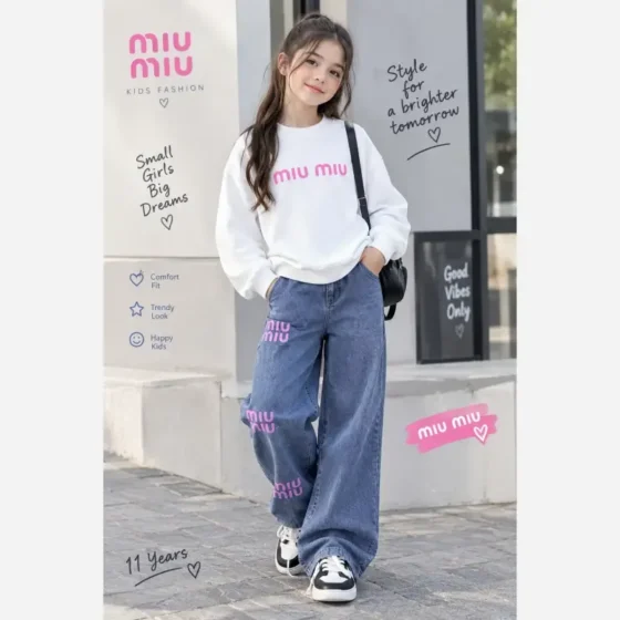 ست بلوز و شلوار لی دخترانه بچگانه طرح Miu Miu پاییزه دورس لاکرا سایز 45 تا 70