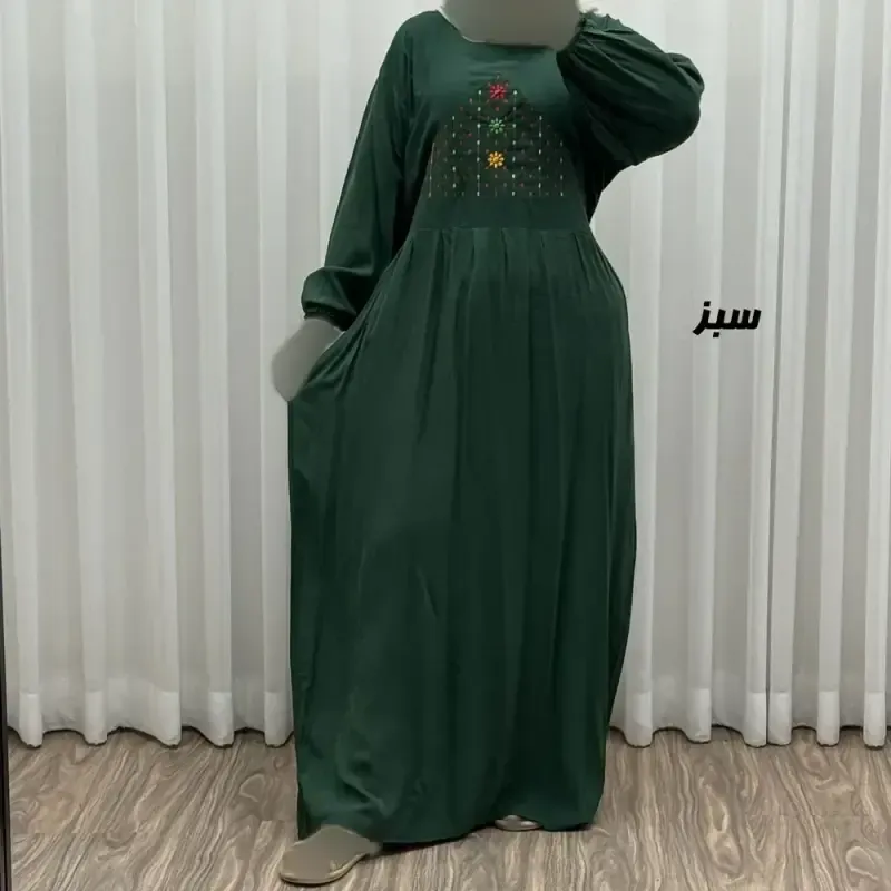 پیراهن ساحلی نخی گلدوزی شده زنانه و دخترانه فری سایز تا 46 با کمربند - تصویر 4