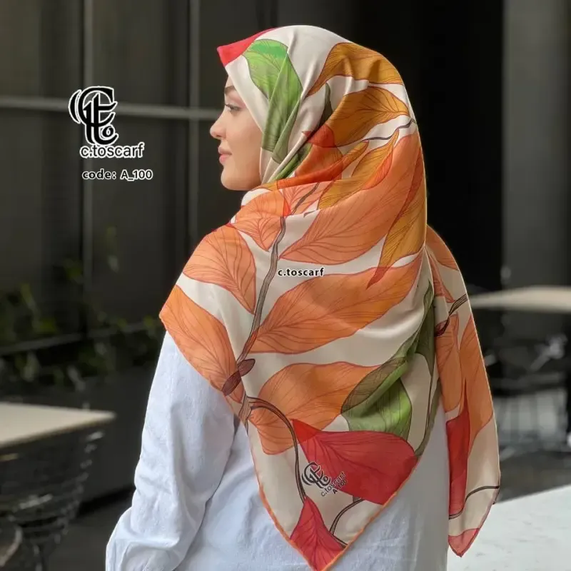 روسری نخ کاستوم قواره بزرگ 140 در 140 طرح رونیا نارنجی - تصویر 2