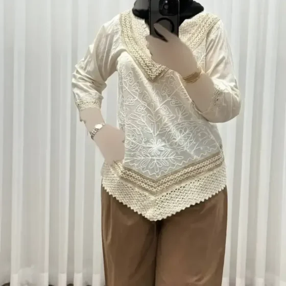 بلوز کرم دو رنگ نخی چهار فصل زنانه دخترانه سایز M L XL XXL تن خور شیک و راحت
