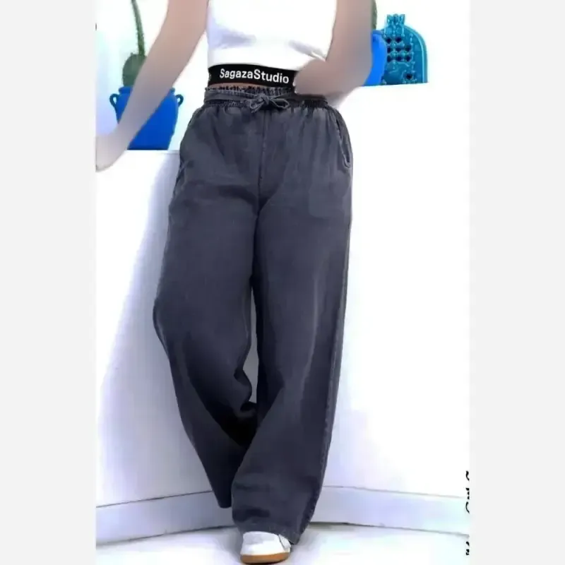 شلوار بگ طرح جین نیل ترک وارداتی کمر کش و کمربند دار - تصویر 2