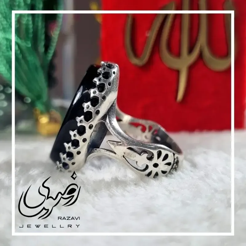 انگشتر مردانه آلیاژ نقره روس سنگ عقیق مشکی حکاکی یااباعبدالله - تصویر 2