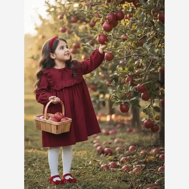 پیراهن دخترانه مخمل کبریتی قرمز یلدایی مناسب 3 تا 11 سال - تصویر 4