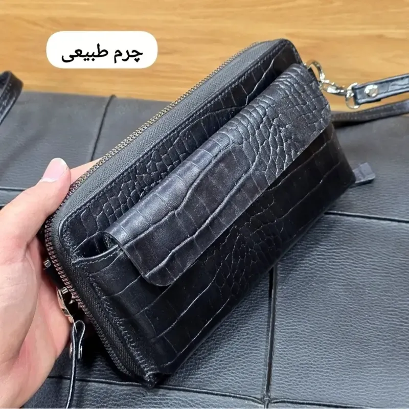 کیف دستی و دوشی چرم طبیعی ظفر دارای بند مچی و بند بلند قابل تنظیم - تصویر 6