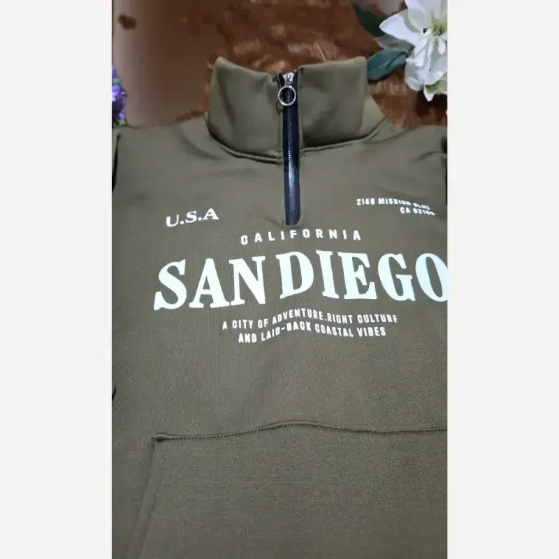 دورس نیم زیپ اسپرت زنانه پسرانه SANDIEGO جنس دورس سه نخ گرم بالا درجه یک رنگ مشکی سبز زیتونی فری سایز - تصویر 13