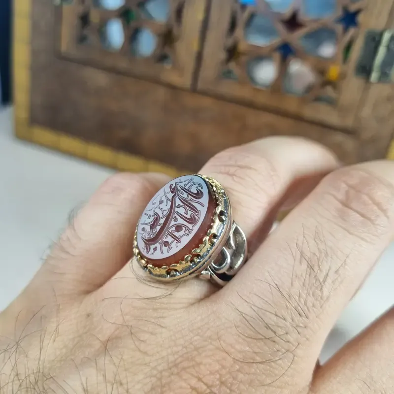 انگشتر مردانه عقیق یمنی با حکاکی یا اباعبدالله جنس نقره روس رنگ ثابت - تصویر 3