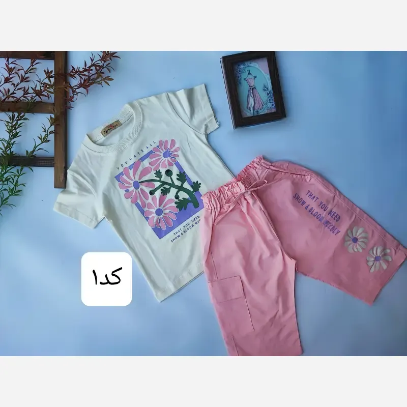 ست تیشرت و شلوارک دخترانه طرح گل دار باکیفیت و راحت - تصویر 2
