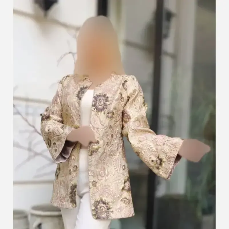کت مجلسی زنانه ژاکارد ترک طرح الیکا کرم طلایی شاین دار - تصویر 3