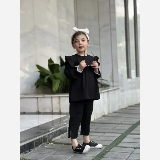 شومیز دخترانه مشکی شانتون نخ مناسب 1 تا 8 سال