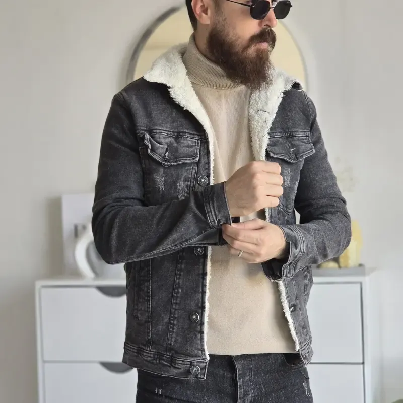 کت جین خزدار زنانه تمام کش رنگ مشکی ذغالی سایز L تا XXXL - تصویر 8