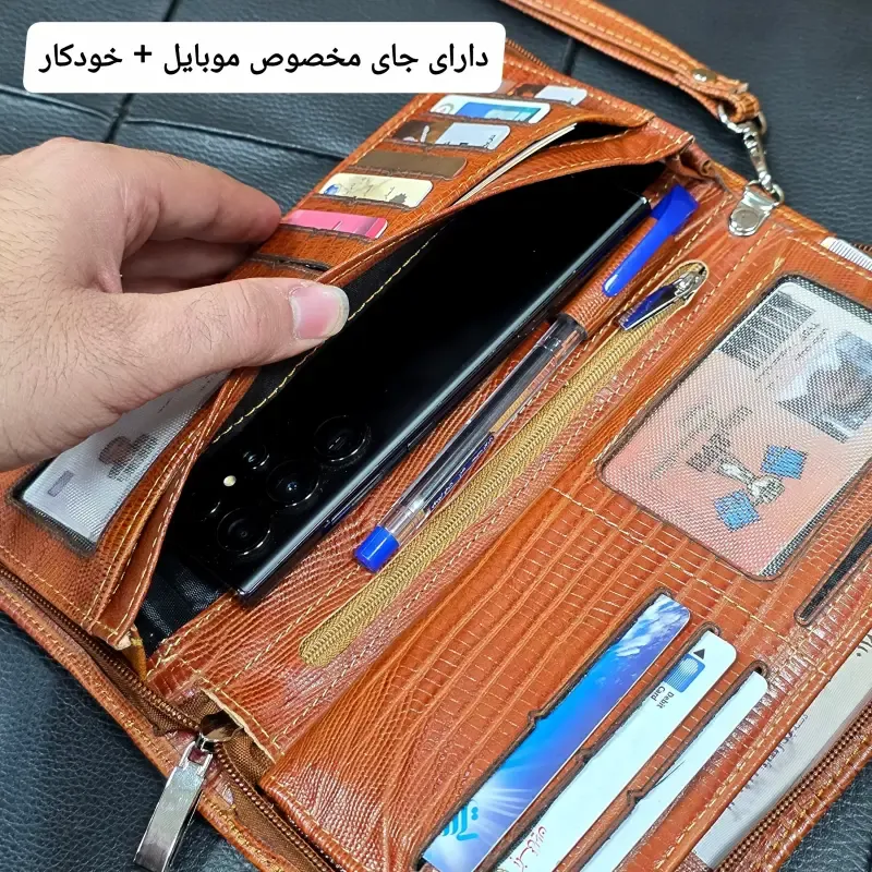 کیف دسته چک چرم طبیعی گاوی مردانه با جای کارت و موبایل - تصویر 12
