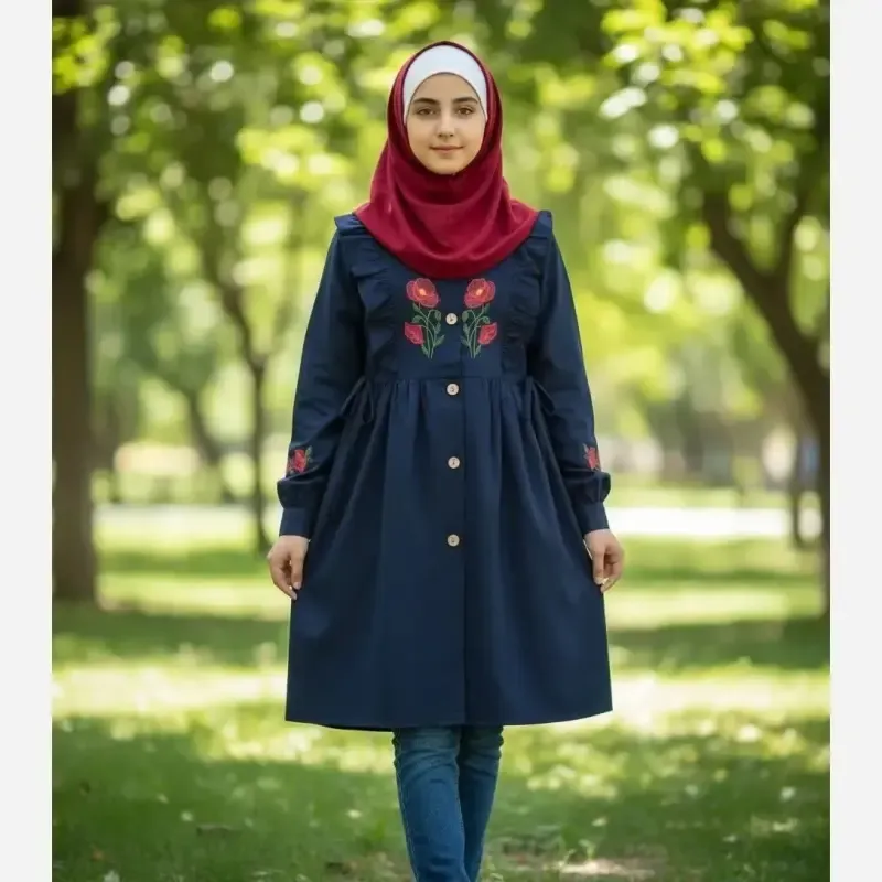 مانتو دخترانه مدل ثمین جنس لینن گلدوزی شده مناسب 10 تا 14 سال - تصویر 3