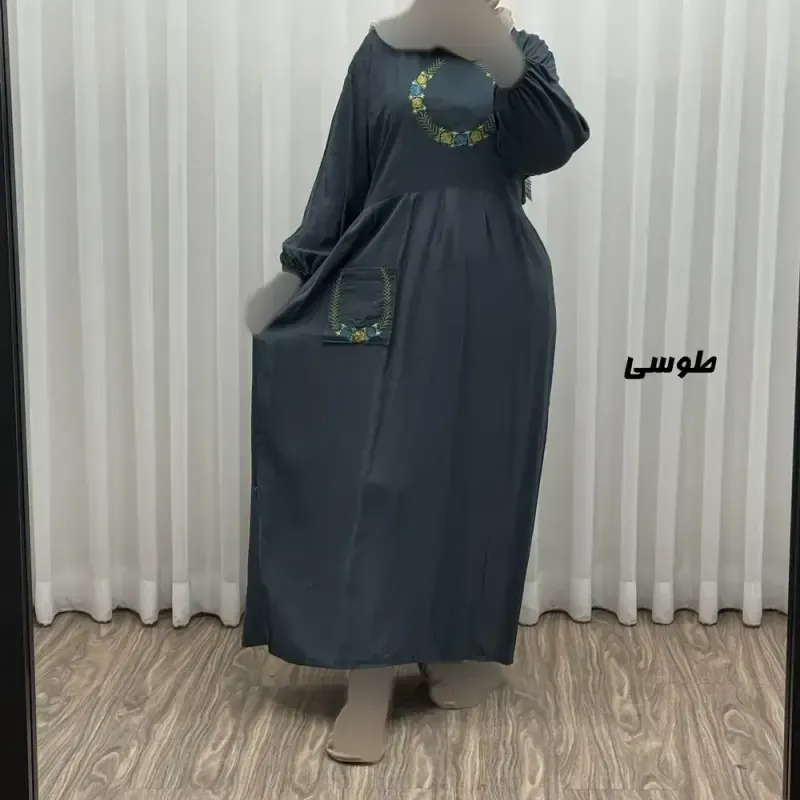 پیراهن نخی گلدوزی زنانه مدل خاطره فری سایز تا 48 با کمربند - تصویر 8