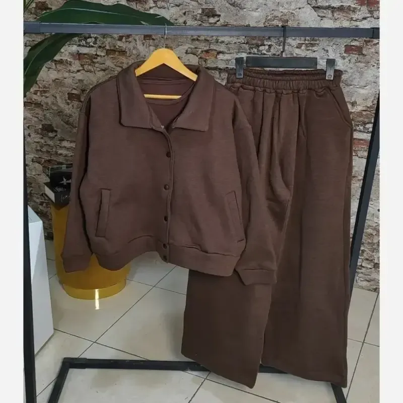 ست سه تیکه بامبر شلوار و تیشرت مدل مایلا جنس دورس حوله ای توکرکی فریسایز - تصویر 4