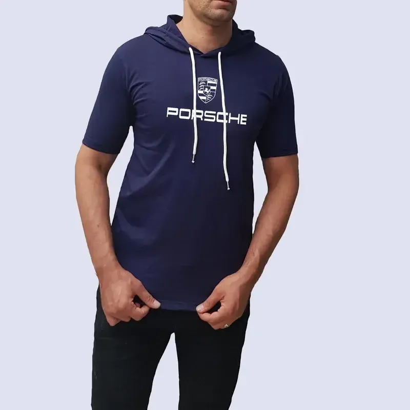 تیشرت کلاه دار مردانه آستین کوتاه طرح پورشه سورمه ای نخی اعلا سایز L XL 2XL - تصویر 2