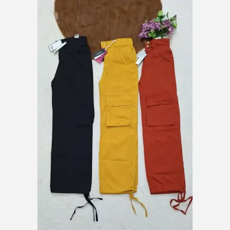 شلوار بگ کارگو شش جیب زنانه و دخترانه سوپرکتان کاغذی زارا رنگ لیمویی و آجری - تصویر 2