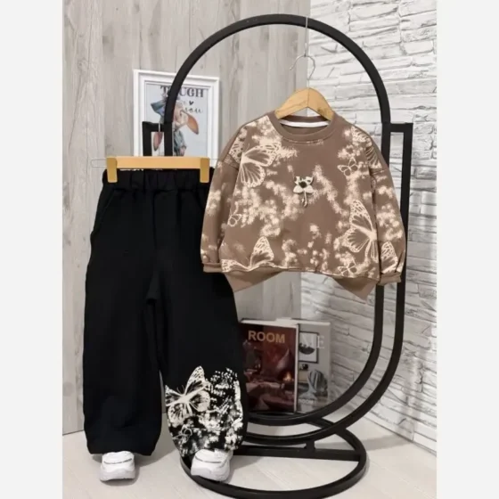 ست بلوز شلوار دخترانه دورس لاکرا طرح پروانه سایز 45 تا 65