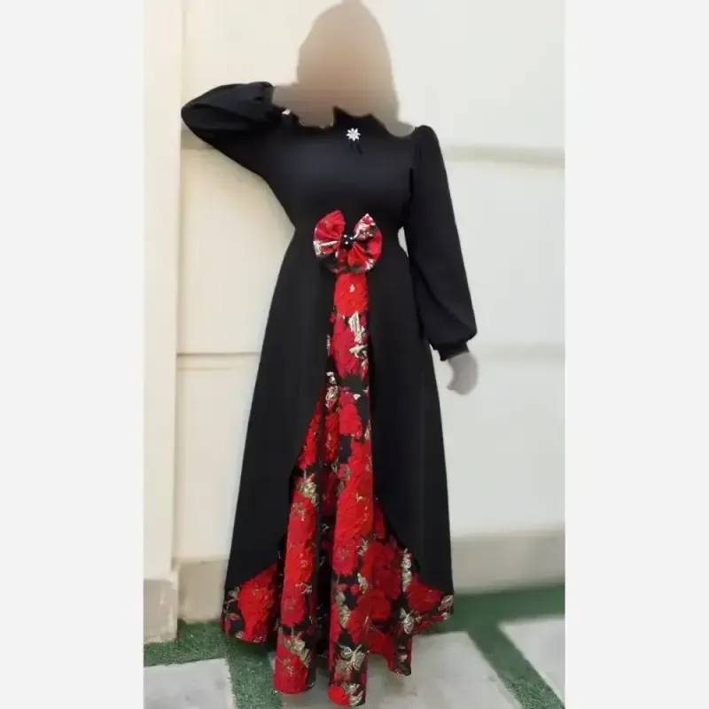 پیراهن مجلسی زنانه طرح هلینا کرپ مازراتی و ژاکارد ترک رنگ مشکی دامن قرمز سایز 5 - تصویر 14