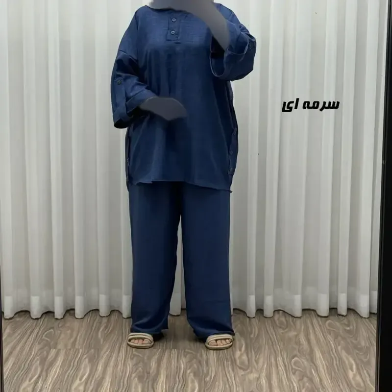 ست بلوز و شلوار زنانه مدل پانچی جنس شانتون فری سایز مناسب تا 52 - تصویر 4