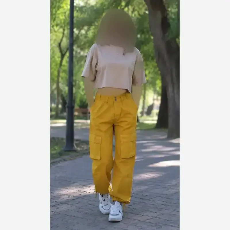 شلوار بگ کارگو شش جیب زنانه و دخترانه سوپرکتان کاغذی زارا رنگ لیمویی و آجری - تصویر 3
