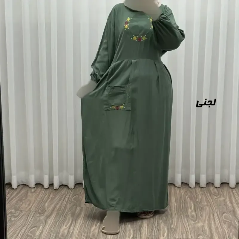 پیراهن نخی گلدوزی زنانه مدل خاطره فری سایز تا 48 با کمربند - تصویر 7