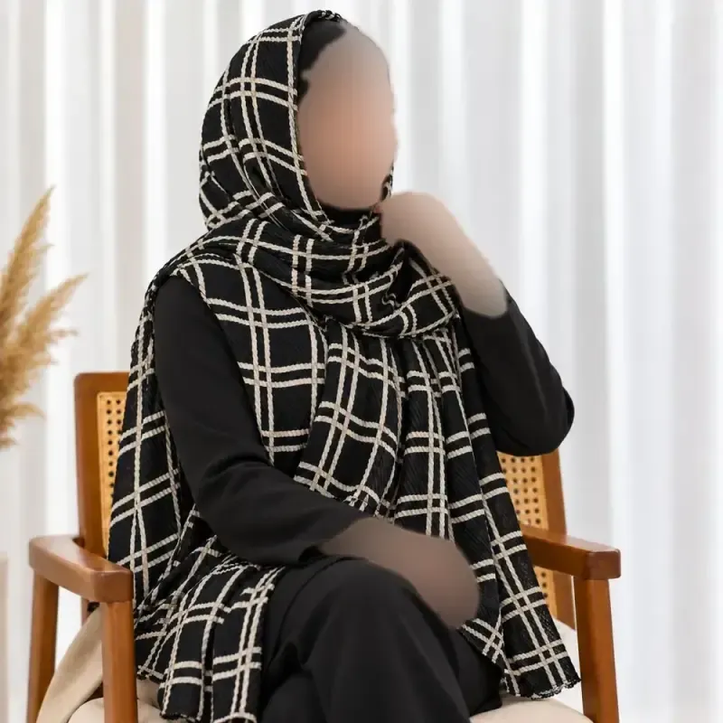 شال نخی برشکا ریز شطرنجی مشکی طوسی قواره 180 در 56 سانت - تصویر 7