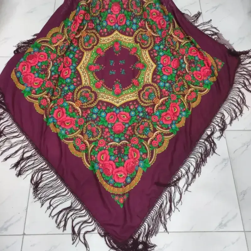 روسری ترکمنی پشمی اصیل برند Pavlovo Posad قواره 145 در 145 سانتیمتر تولید روسیه - تصویر 2