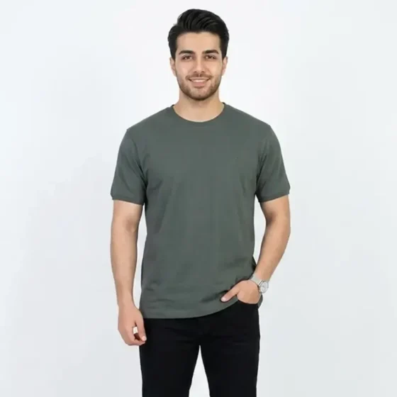 تیشرت بیسیک مردانه یقه گرد پنبه خالص رنگ یشمی