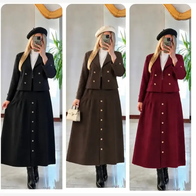 ست کت دامن زنانه لنین جلو دکمه سروناز سایز فری - تصویر 4