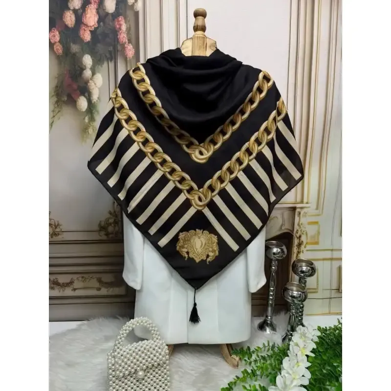 روسری مجلسی ساتن ابریشم طرح طلا قواره 140 توییل - تصویر 3