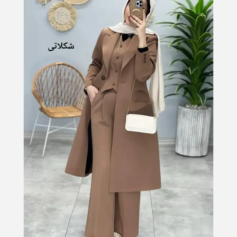 ست سه تکه مانتو شلوار و جلیقه زنانه جنس کرپ سوپر دبل باربی کجراه - تصویر 3