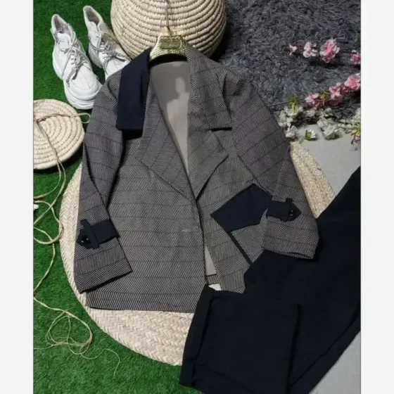 ست کت و شلوار زنانه جنس کتان کشی اعلا رنگ مشکی فری سایز 38 تا 46