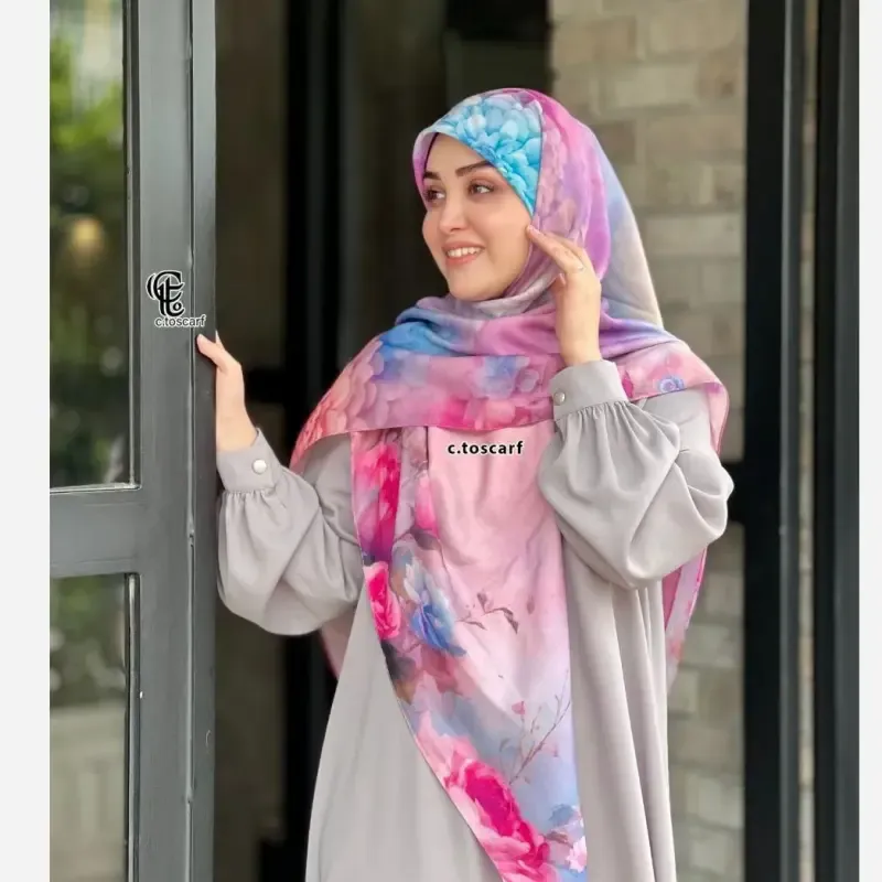 روسری نخ کاستوم طرح درنا سایز 140 صورتی چرخ دوز سیتو - تصویر 12