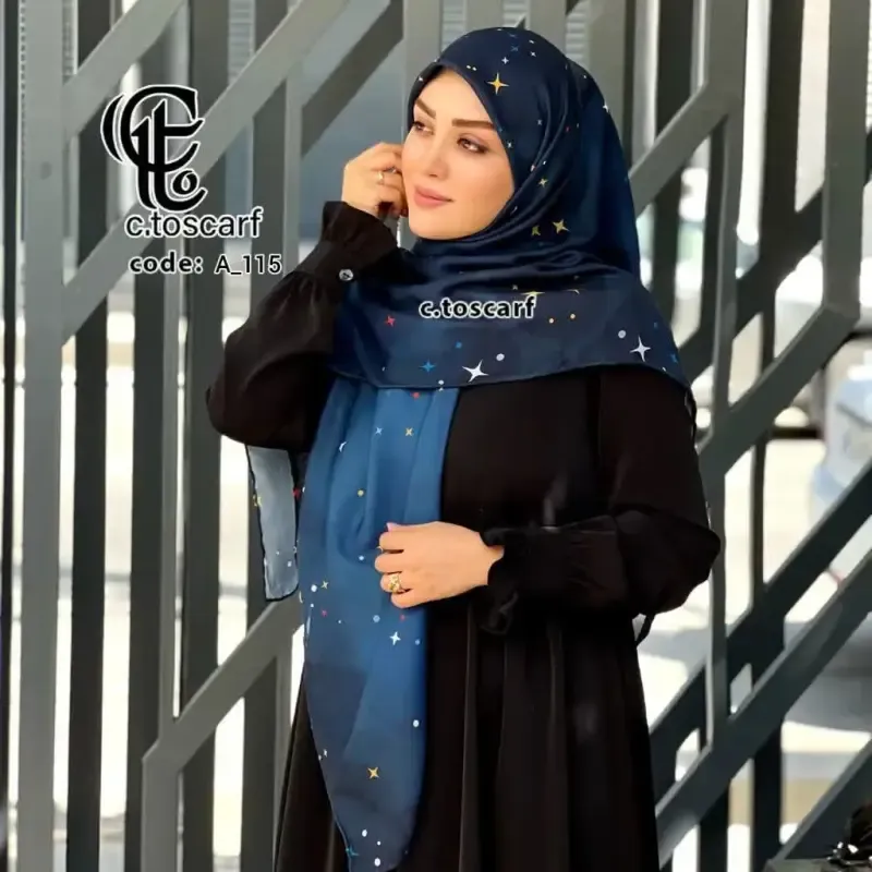 روسری نخی کاستوم طرح ستاره شب سرمه ای قواره بزرگ 140*140 دور دوخت - تصویر 9