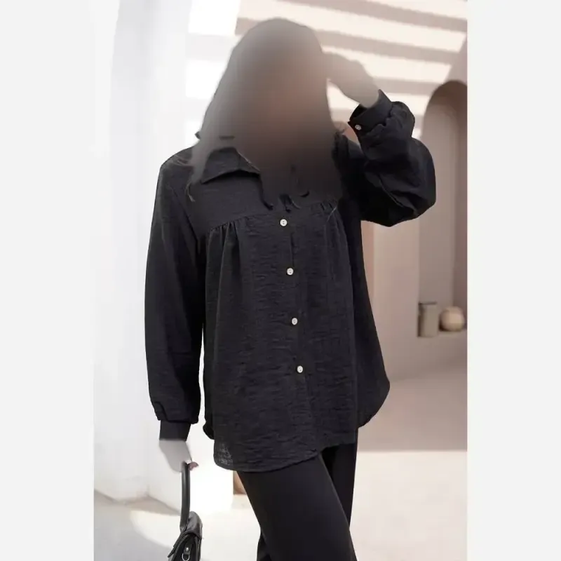 شومیز مانتویی جلو پیله شانتون صوفیا ژاکارد مشکی فری سایز - تصویر 3