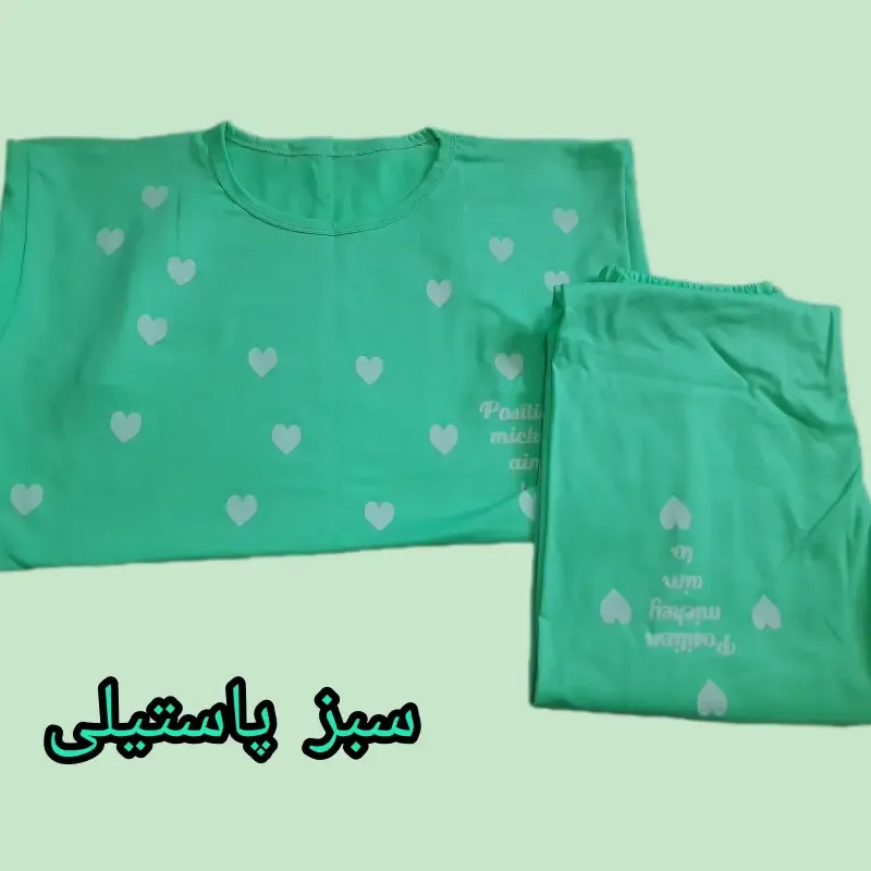 ست تیشرت شلوار دخترانه طرح قلبی جنس نخ ویسکوز سایز 38 تا 48 - تصویر 6