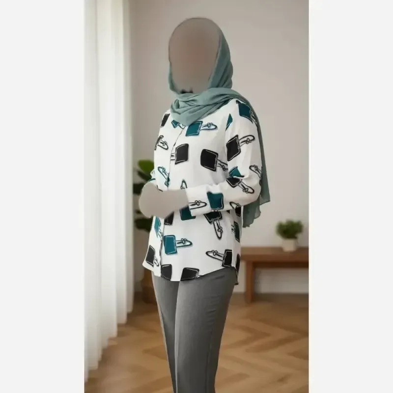 شومیز زنانه درسا جنس بوگاتی درجه یک فری سایز رنگ آبی کاربنی و قهوه ای - تصویر 5