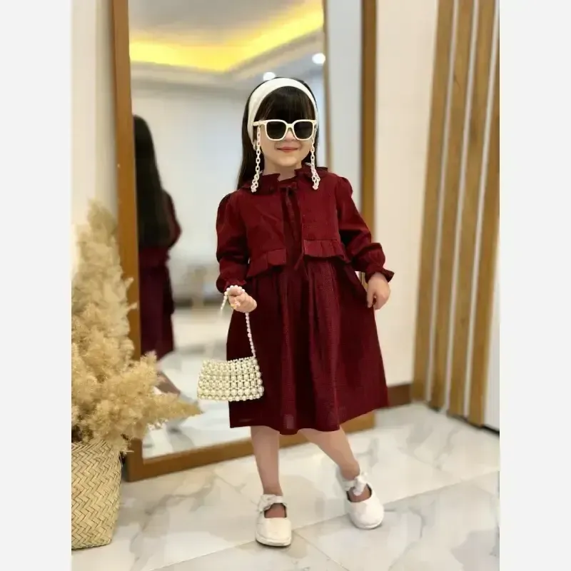 کت و سارافون دخترانه مخمل کبریتی و کتان تافته زرشکی سایز 2 تا 9 سال - تصویر 5