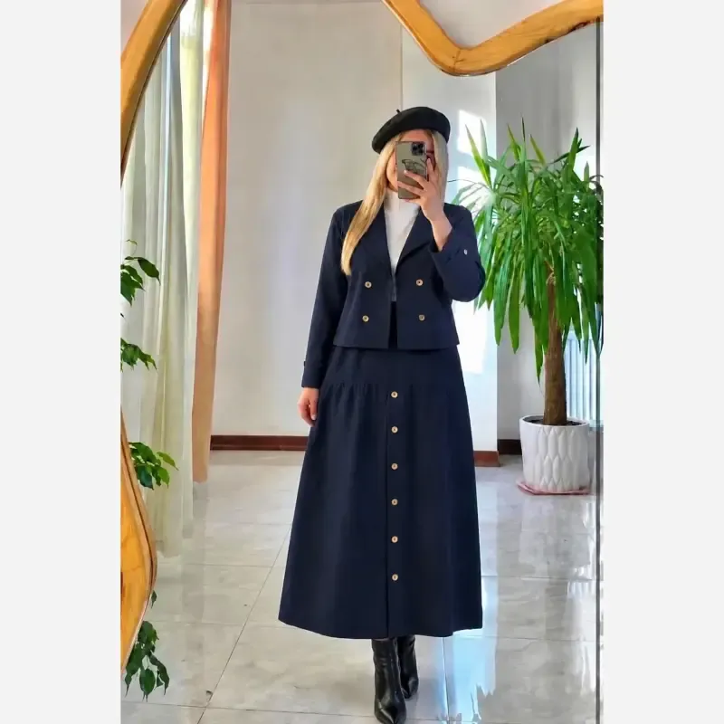ست کت دامن زنانه لنین جلو دکمه سروناز سایز فری - تصویر 3