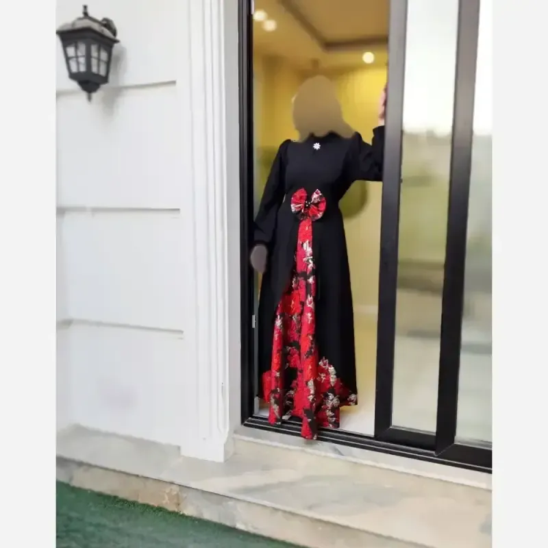 پیراهن مجلسی زنانه طرح هلینا کرپ مازراتی و ژاکارد ترک رنگ مشکی دامن قرمز سایز 5 - تصویر 8