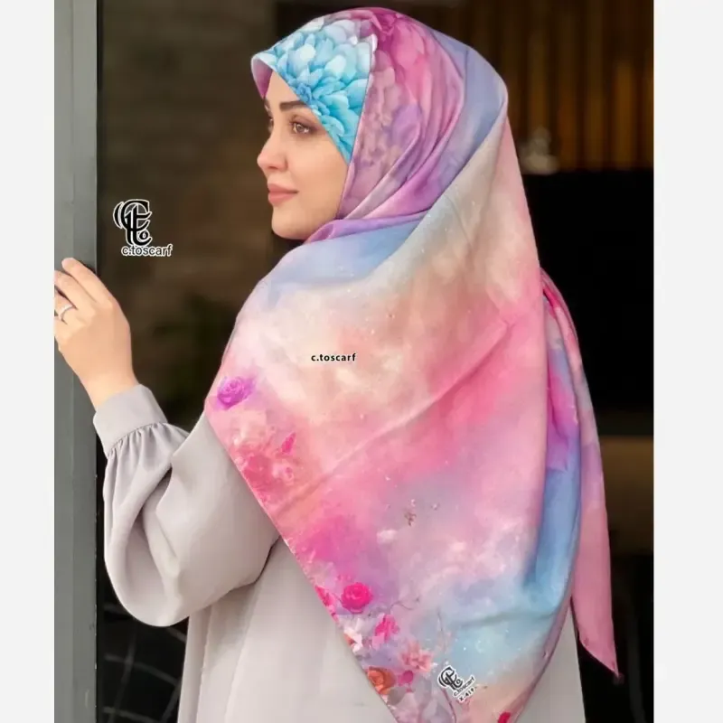 روسری نخ کاستوم طرح درنا سایز 140 صورتی چرخ دوز سیتو - تصویر 9