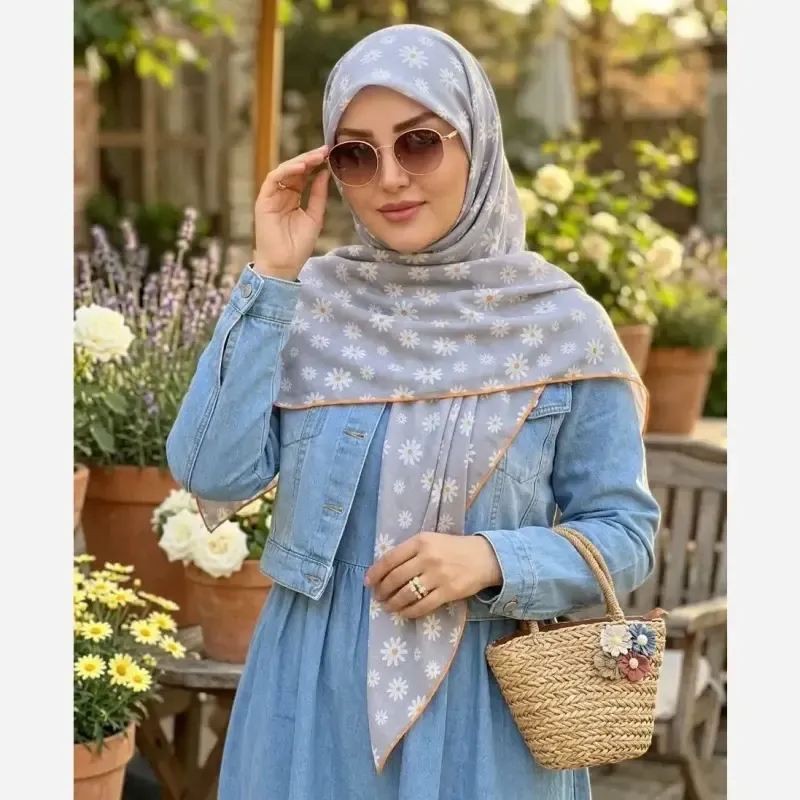 روسری طرح بابونه طوسی نخ کاستوم قواره بزرگ 140 سانتیمتر - تصویر 16