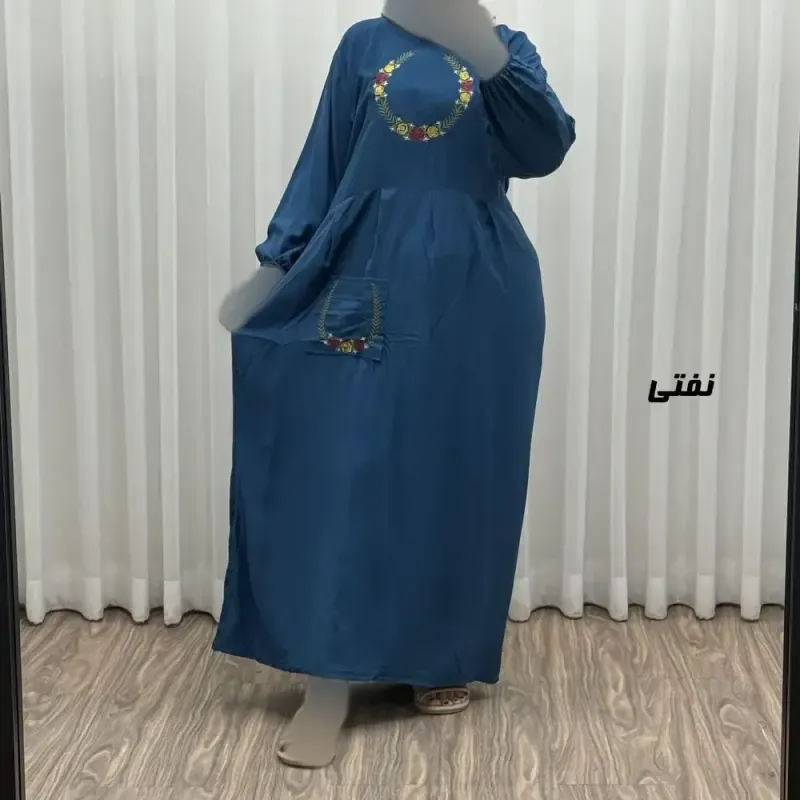 پیراهن نخی گلدوزی زنانه مدل خاطره فری سایز تا 48 با کمربند - تصویر 5