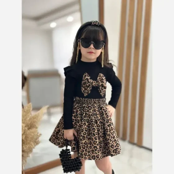 بلوز دامن پلنگی دخترانه پنبه کبریتی و مخمل آنجل سایز 3 تا 9 سال